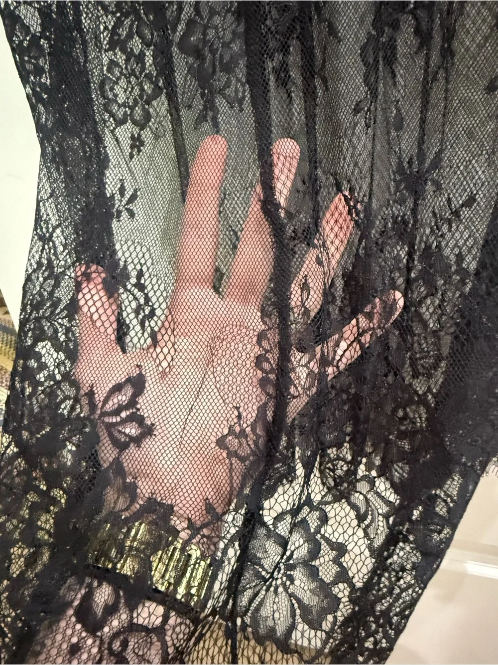 Black Short-Sleeve Dress with Sheer Lace Hem - Picture 5 of 8